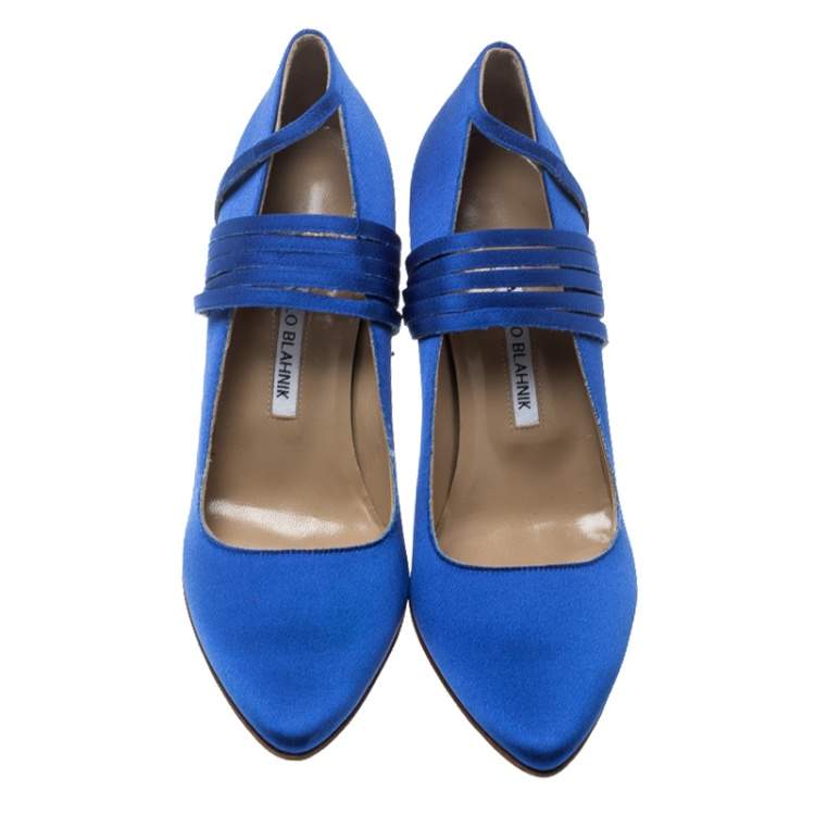 Pre Owned Vetements + Manolo Blahnik Blue Satin Pointed Toe Ankle Tie Pumps Size 38.5