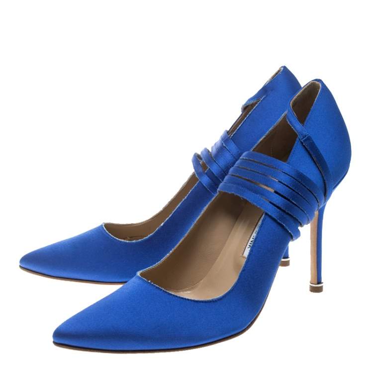Pre Owned Vetements + Manolo Blahnik Blue Satin Pointed Toe Ankle Tie Pumps Size 38.5