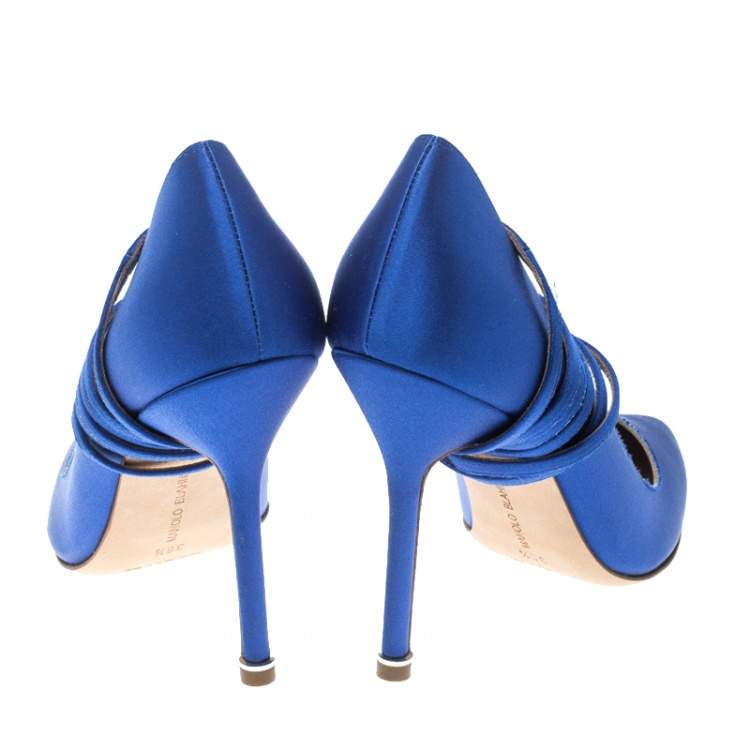 Pre Owned Vetements + Manolo Blahnik Blue Satin Pointed Toe Ankle Tie Pumps Size 38.5