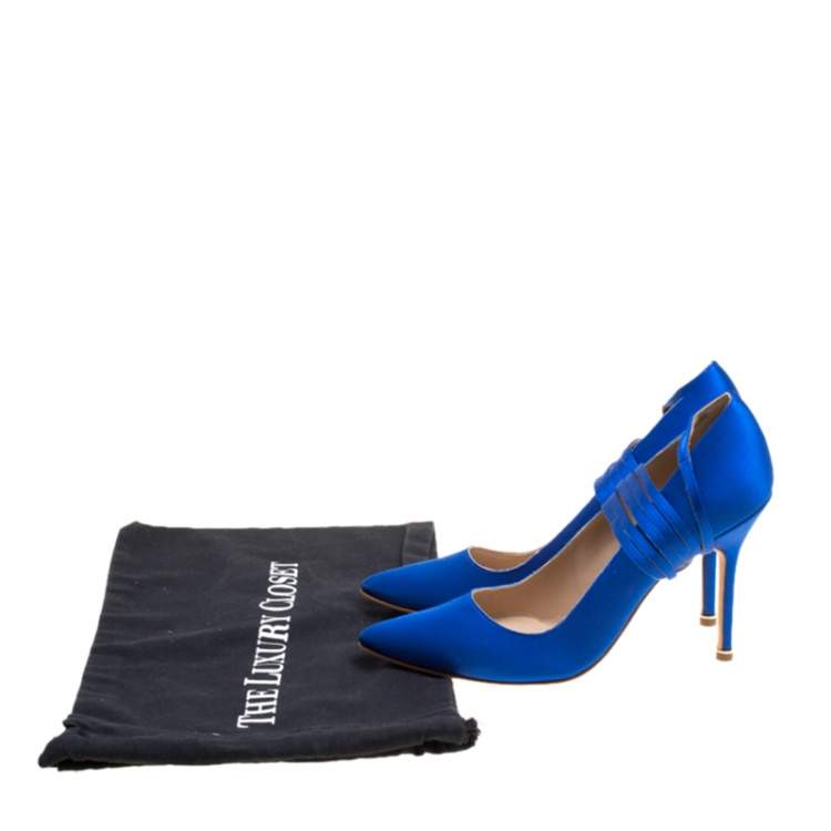 Pre Owned Vetements + Manolo Blahnik Blue Satin Pointed Toe Ankle Tie Pumps Size 38.5
