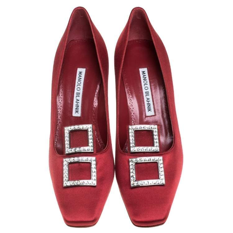 Pre Owned Manolo Blahnik Red Satin Crystal Embellished Pumps Size 37