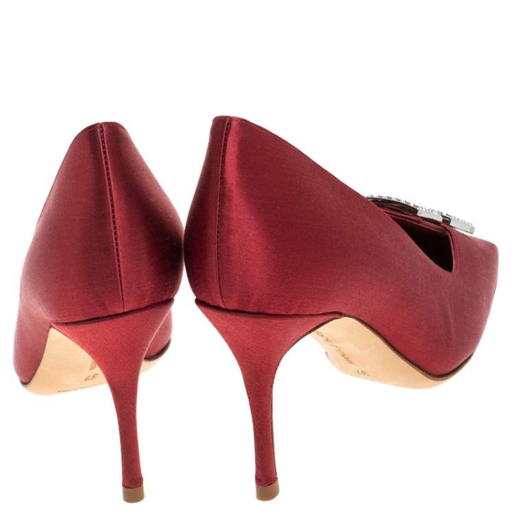 Pre Owned Manolo Blahnik Red Satin Crystal Embellished Pumps Size 37