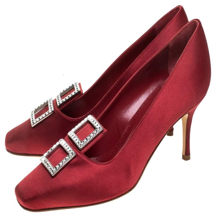 Pre Owned Manolo Blahnik Red Satin Crystal Embellished Pumps Size 37