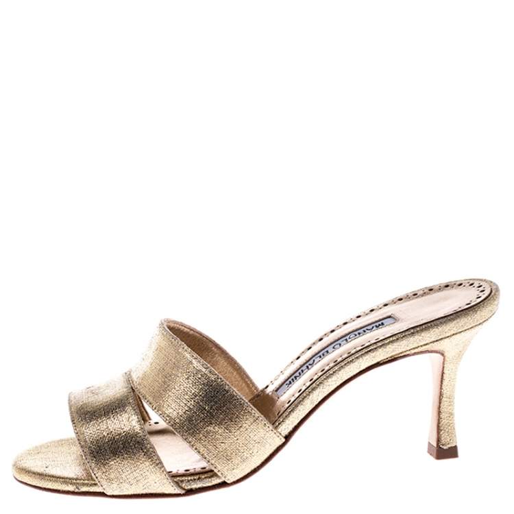 Pre Owned Manolo Blahnik Metallic Gold Leather Lacopo Open Toe Sandals Size 35