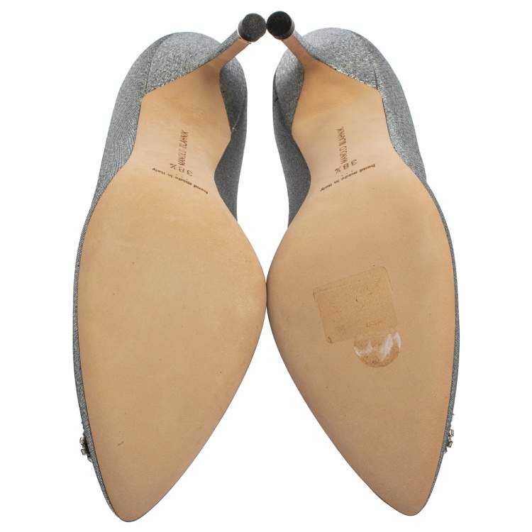 Pre Owned Manolo Blahnik Silver Lurex Hangisi Pointed Toe Pumps Size 38.5