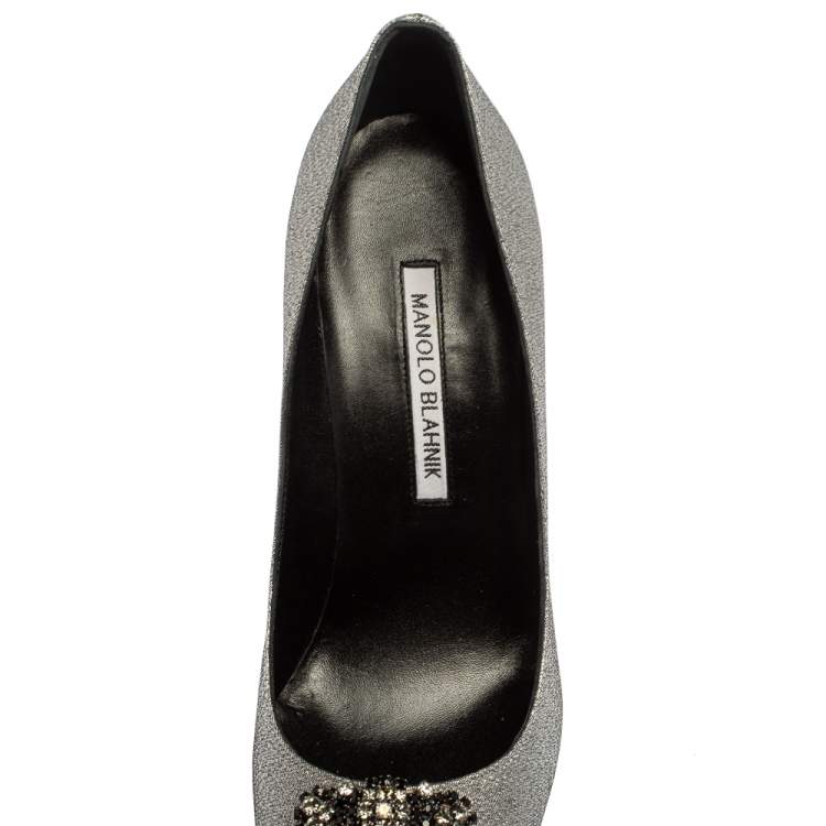 Pre Owned Manolo Blahnik Silver Lurex Hangisi Pointed Toe Pumps Size 38.5