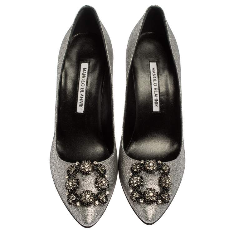Pre Owned Manolo Blahnik Silver Lurex Hangisi Pointed Toe Pumps Size 38.5