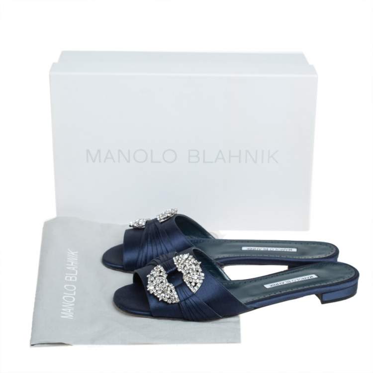 Pre Owned Manolo Blahnik Navy Blue Satin Embellished Pralina Flat Slides Size 39.5