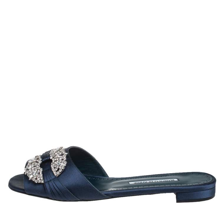 Pre Owned Manolo Blahnik Navy Blue Satin Embellished Pralina Flat Slides Size 39.5