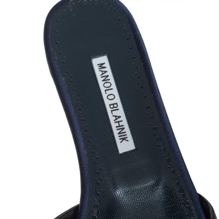 Pre Owned Manolo Blahnik Navy Blue Satin Embellished Pralina Flat Slides Size 39.5