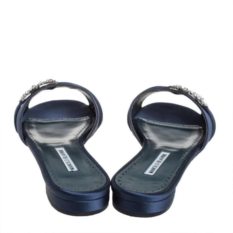 Pre Owned Manolo Blahnik Navy Blue Satin Embellished Pralina Flat Slides Size 39.5