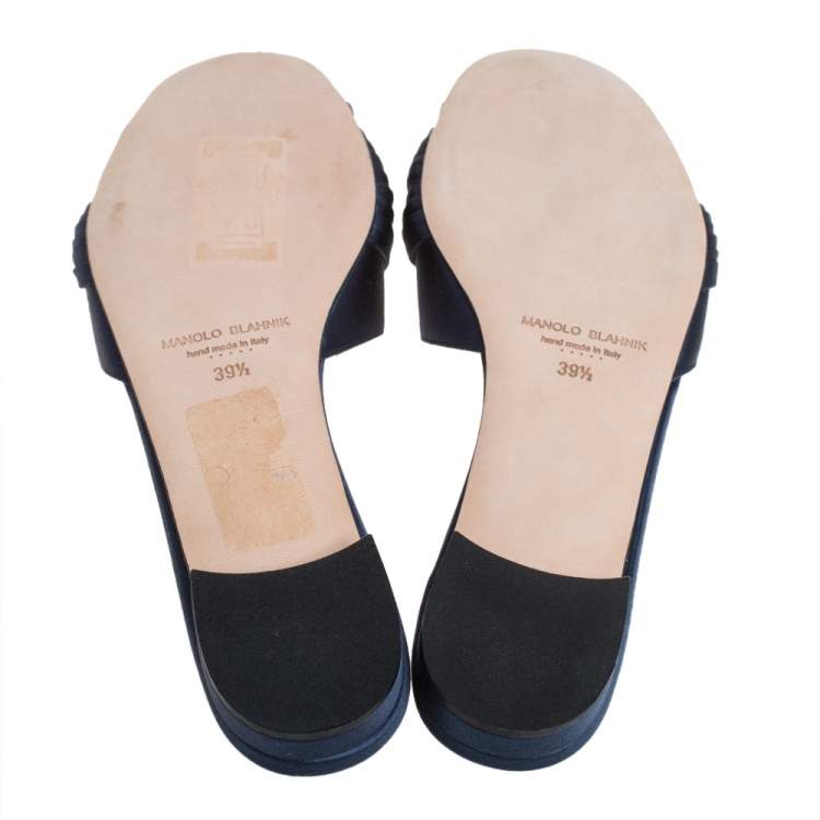 Pre Owned Manolo Blahnik Navy Blue Satin Embellished Pralina Flat Slides Size 39.5