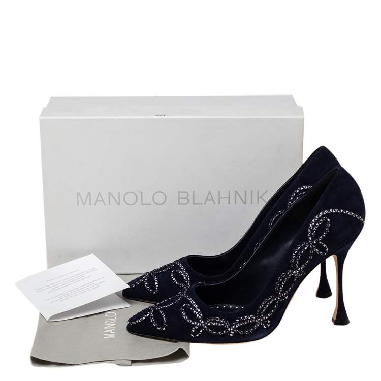 Pre Owned Manolo Blahnik Blue Suede Embroidered Pointed Toe Pumps Size 41