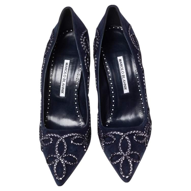 Pre Owned Manolo Blahnik Blue Suede Embroidered Pointed Toe Pumps Size 41