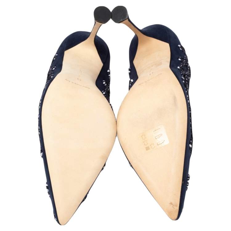 Pre Owned Manolo Blahnik Blue Suede Embroidered Pointed Toe Pumps Size 41