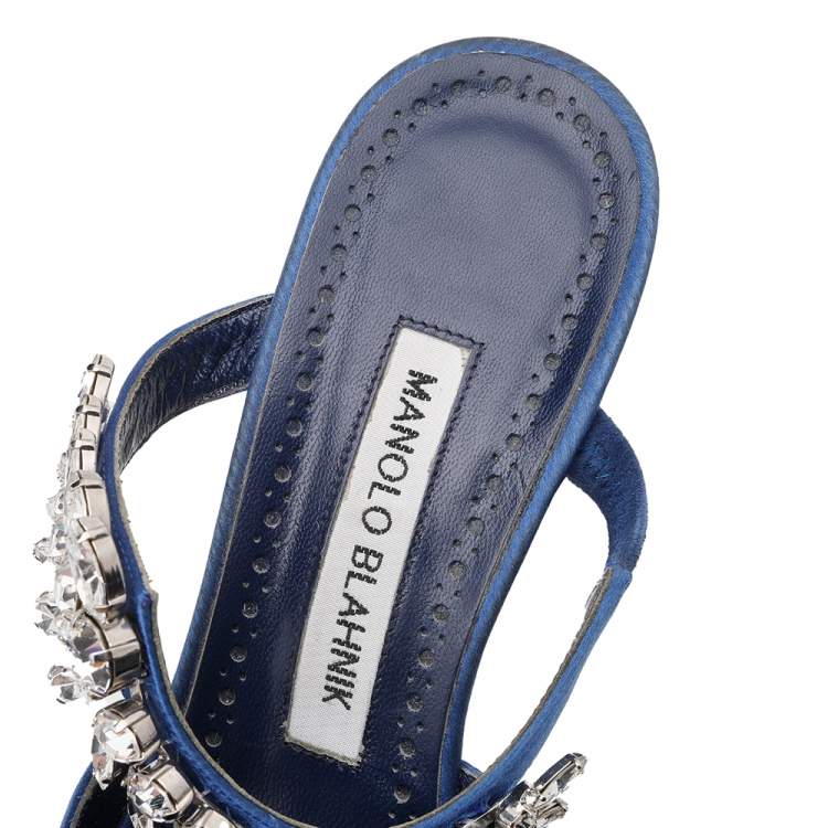 Pre Owned Manolo Blahnik Blue Satin Lurum Crystal Embellished Pointed Toe Sandals Size 36