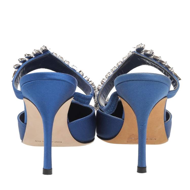 Pre Owned Manolo Blahnik Blue Satin Lurum Crystal Embellished Pointed Toe Sandals Size 36