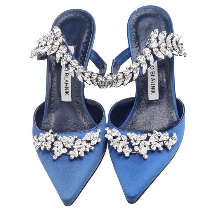 Pre Owned Manolo Blahnik Blue Satin Lurum Crystal Embellished Pointed Toe Sandals Size 36