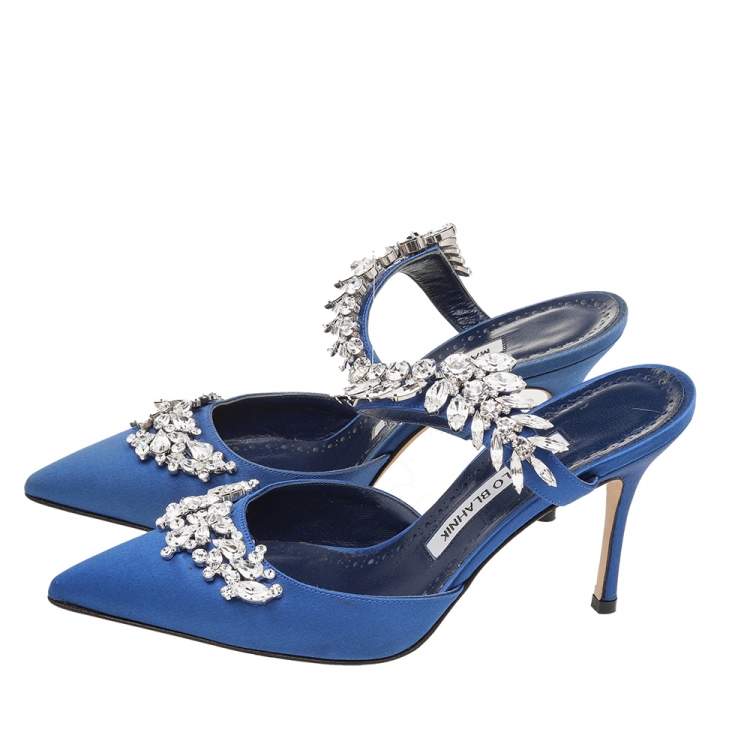 Pre Owned Manolo Blahnik Blue Satin Lurum Crystal Embellished Pointed Toe Sandals Size 36