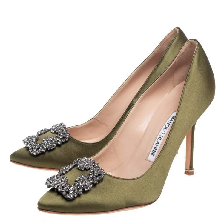 Pre Owned Manolo Blahnik Green Satin Hangisi Pumps Size 36.5