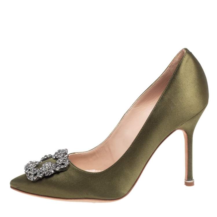 Pre Owned Manolo Blahnik Green Satin Hangisi Pumps Size 36.5