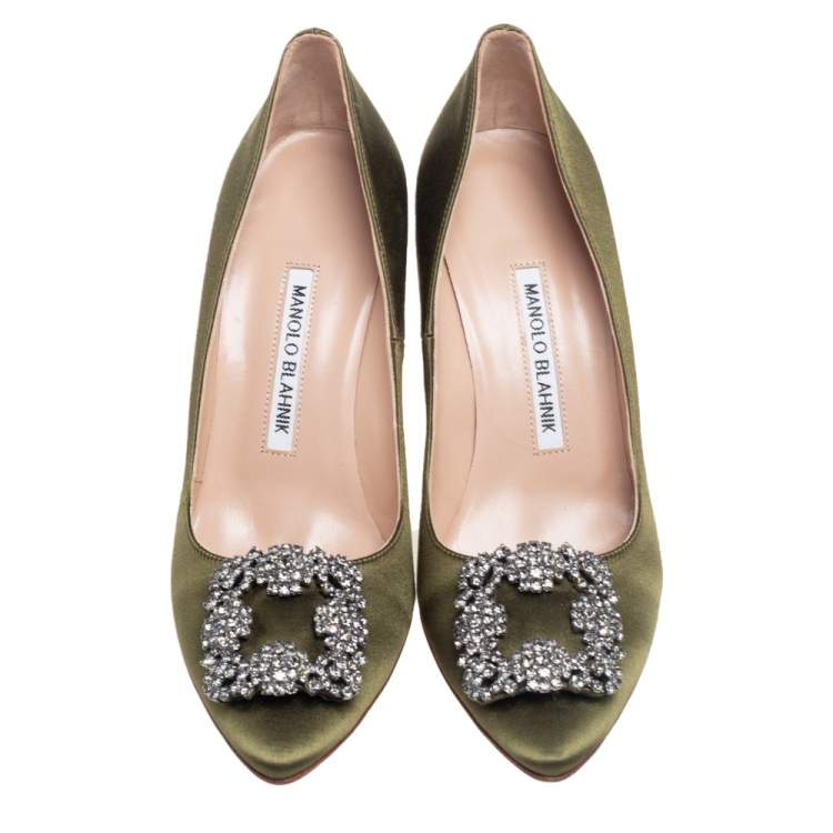 Pre Owned Manolo Blahnik Green Satin Hangisi Pumps Size 36.5