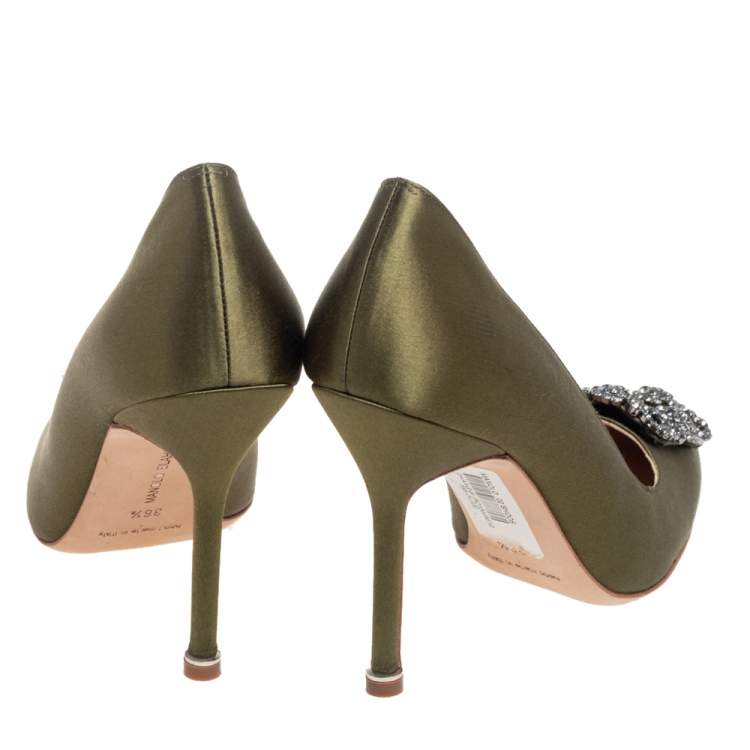 Pre Owned Manolo Blahnik Green Satin Hangisi Pumps Size 36.5