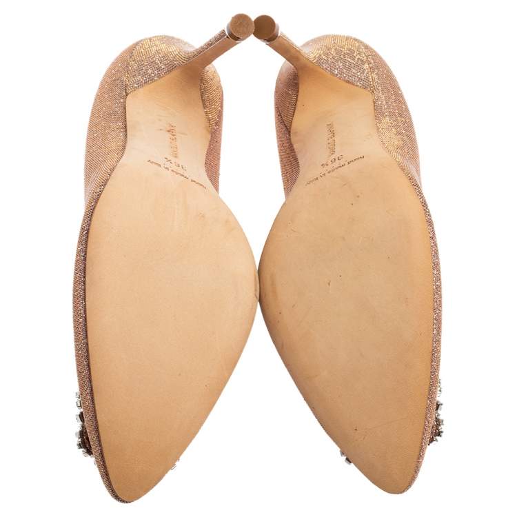 Pre Owned Manolo Blahnik Pink Shimmery Lamé Fabric Hangisi Pumps Size 36.5 