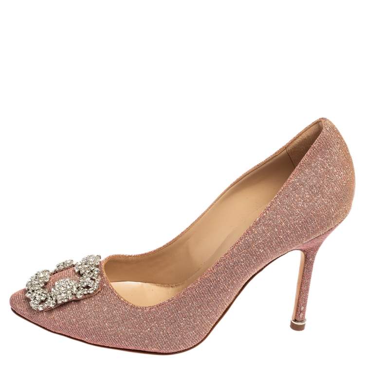Pre Owned Manolo Blahnik Pink Shimmery Lamé Fabric Hangisi Pumps Size 36.5 