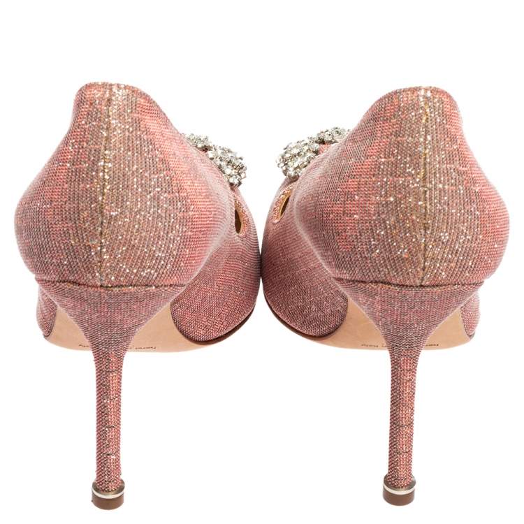Pre Owned Manolo Blahnik Pink Shimmery Lamé Fabric Hangisi Pumps Size 36.5 