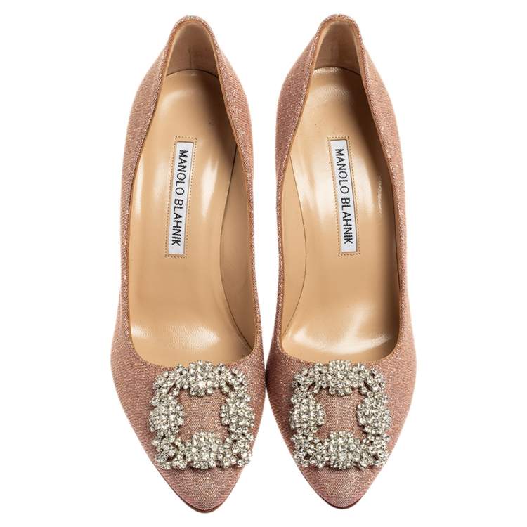 Pre Owned Manolo Blahnik Pink Shimmery Lamé Fabric Hangisi Pumps Size 36.5 