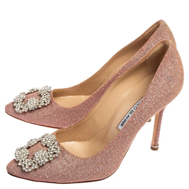 Pre Owned Manolo Blahnik Pink Shimmery Lamé Fabric Hangisi Pumps Size 36.5 