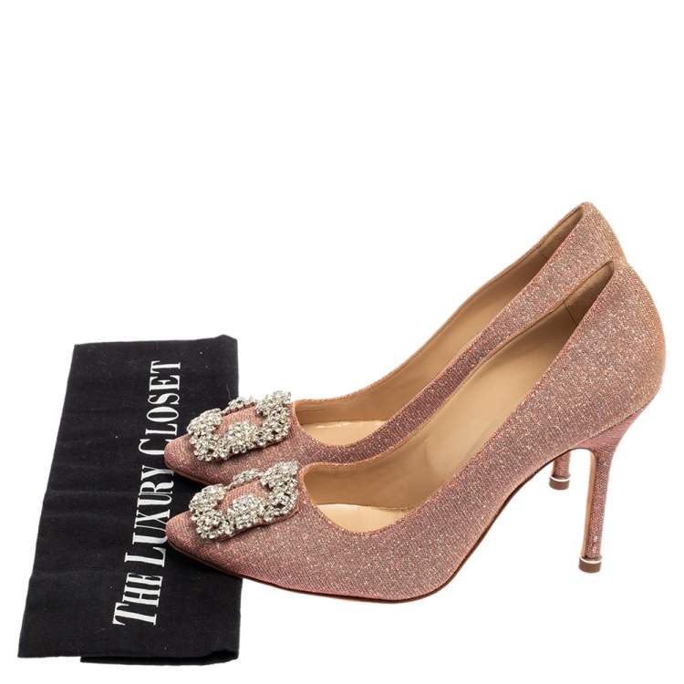 Pre Owned Manolo Blahnik Pink Shimmery Lamé Fabric Hangisi Pumps Size 36.5 
