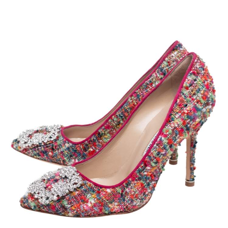 Pre Owned Manolo Blahnik Multicolor Tweed Hangisi Pointed Toe Pumps Size 36.5