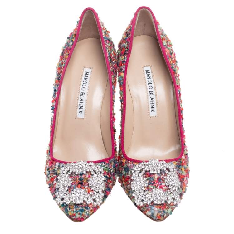 Pre Owned Manolo Blahnik Multicolor Tweed Hangisi Pointed Toe Pumps Size 36.5