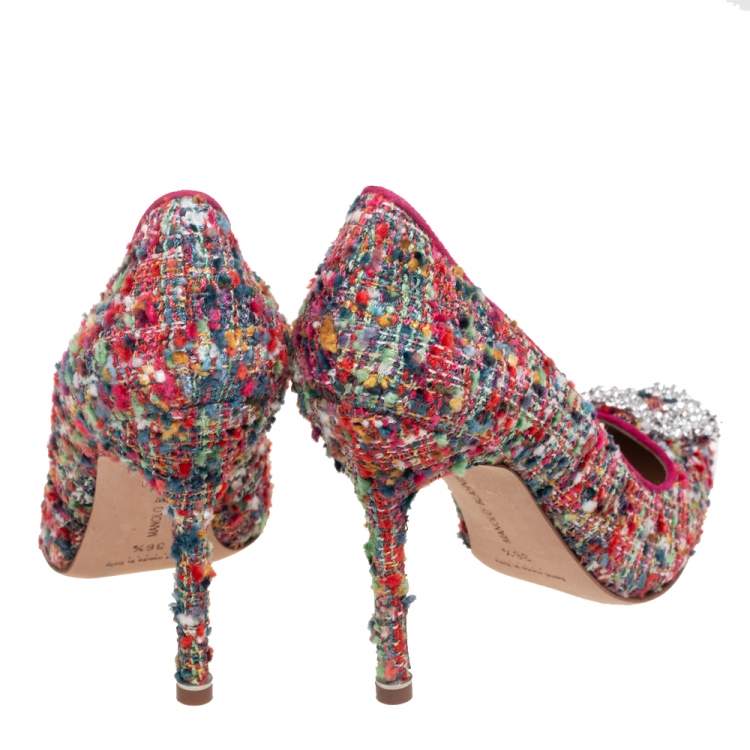 Pre Owned Manolo Blahnik Multicolor Tweed Hangisi Pointed Toe Pumps Size 36.5