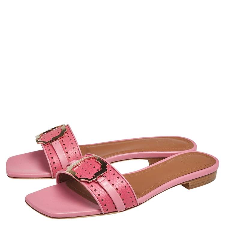 Pre Owned Manolo Blahnik  Pink Leather Buckle Flat Sandals Size 37