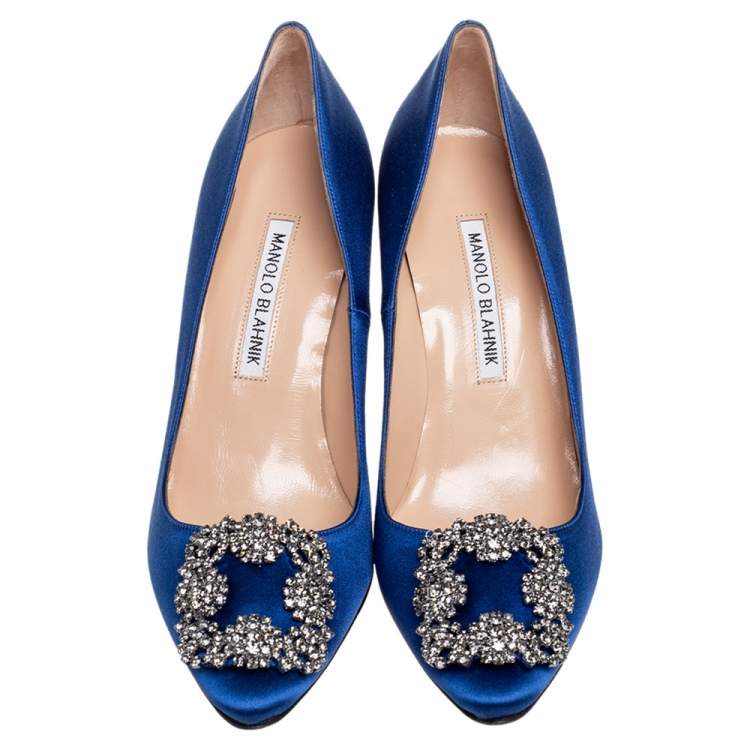 Pre Owned Manolo Blahnik Royal Blue Satin Hangisi Pumps Size 36.5