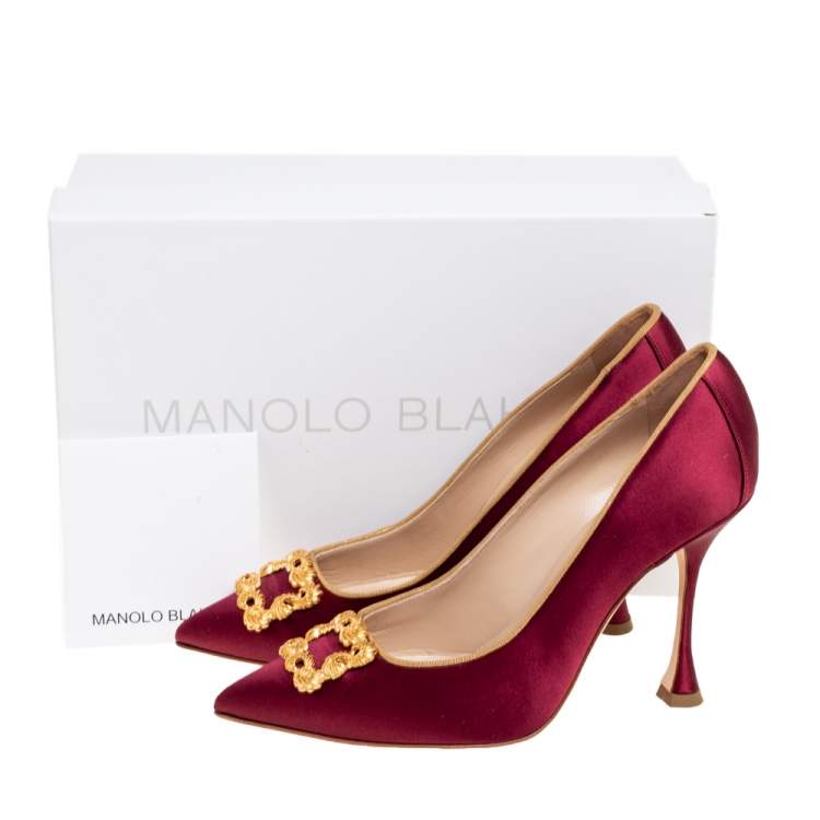 Pre Owned Manolo Blahnik Burgundy Satin Tradimod Pumps Size 37.5