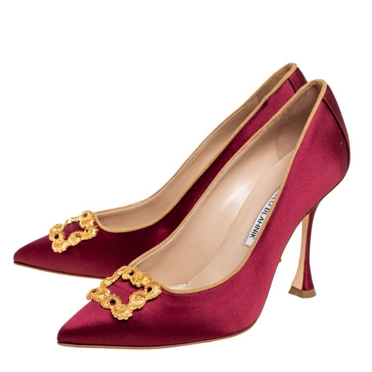Pre Owned Manolo Blahnik Burgundy Satin Tradimod Pumps Size 37.5