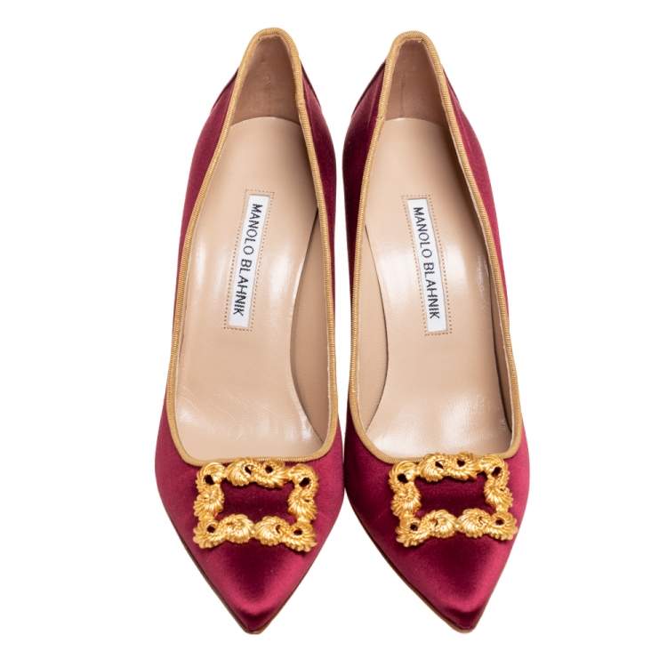 Pre Owned Manolo Blahnik Burgundy Satin Tradimod Pumps Size 37.5