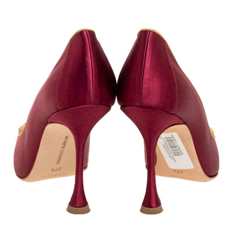Pre Owned Manolo Blahnik Burgundy Satin Tradimod Pumps Size 37.5