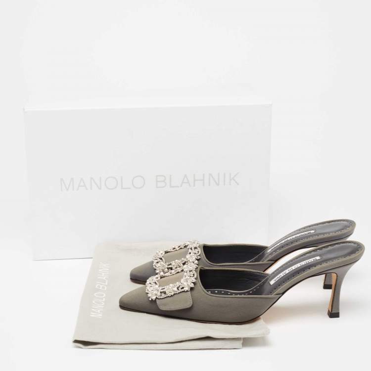 Pre Owned Manolo Blahnik Dark Grey Fabric Maysale Embellished Buckle Mules Size 37.5