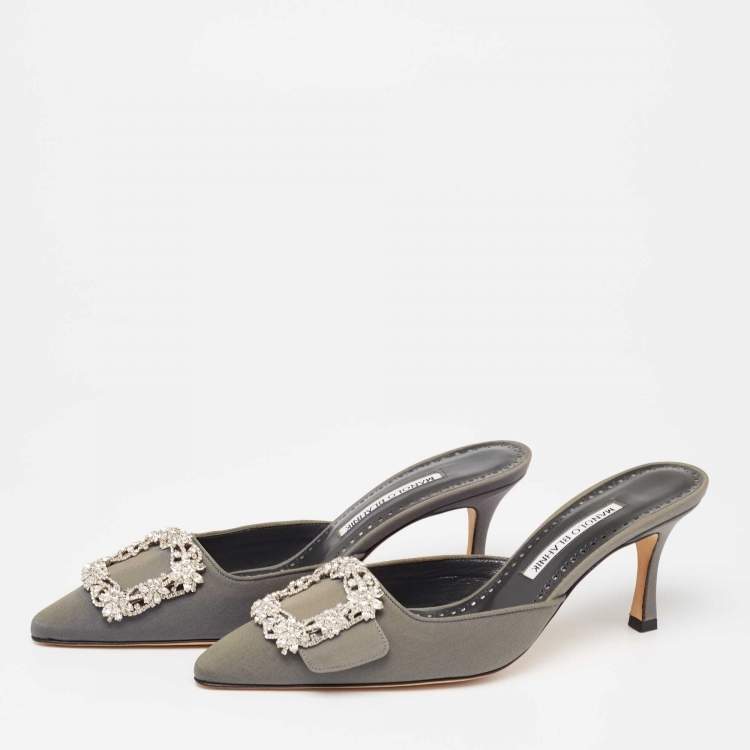 Pre Owned Manolo Blahnik Dark Grey Fabric Maysale Embellished Buckle Mules Size 37.5