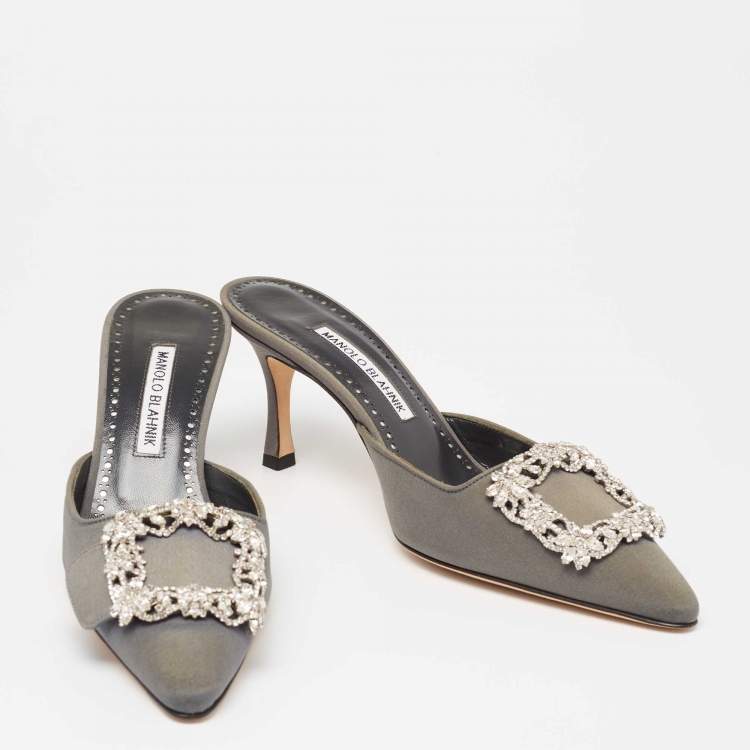 Pre Owned Manolo Blahnik Dark Grey Fabric Maysale Embellished Buckle Mules Size 37.5