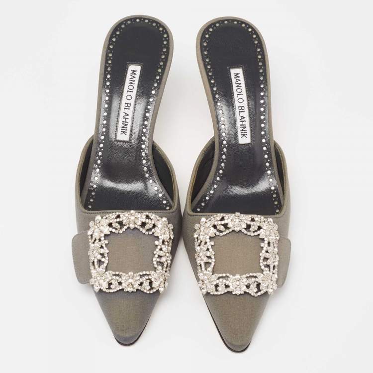 Pre Owned Manolo Blahnik Dark Grey Fabric Maysale Embellished Buckle Mules Size 37.5