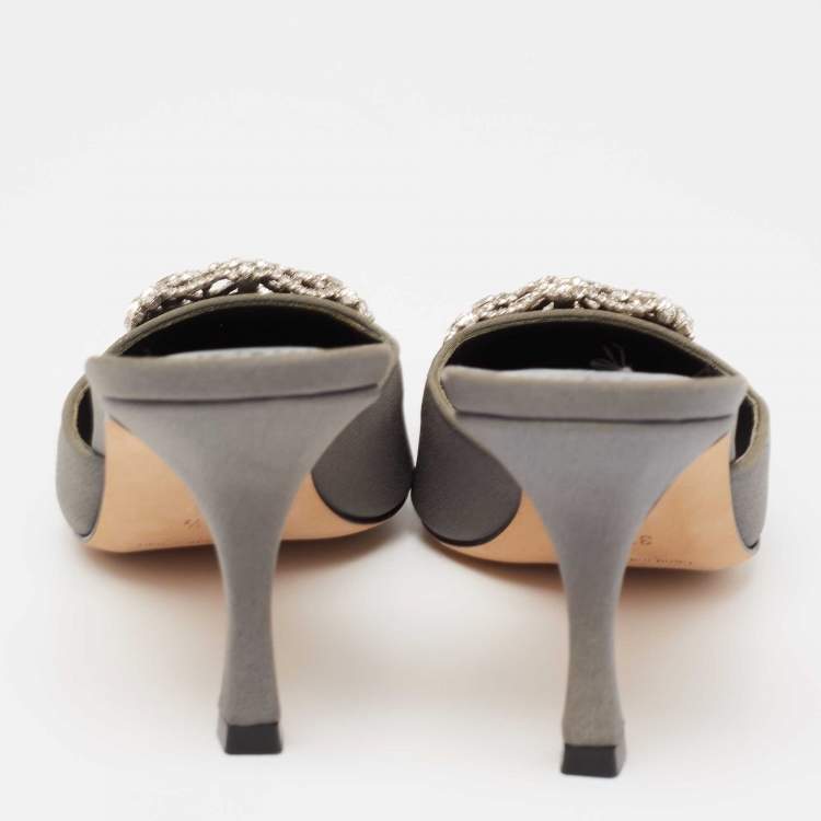 Pre Owned Manolo Blahnik Dark Grey Fabric Maysale Embellished Buckle Mules Size 37.5