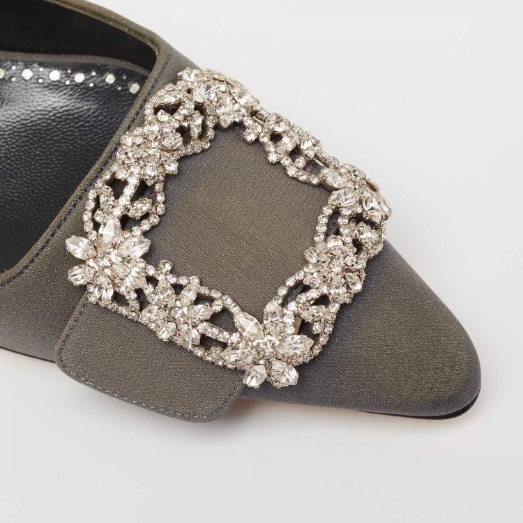 Pre Owned Manolo Blahnik Dark Grey Fabric Maysale Embellished Buckle Mules Size 37.5