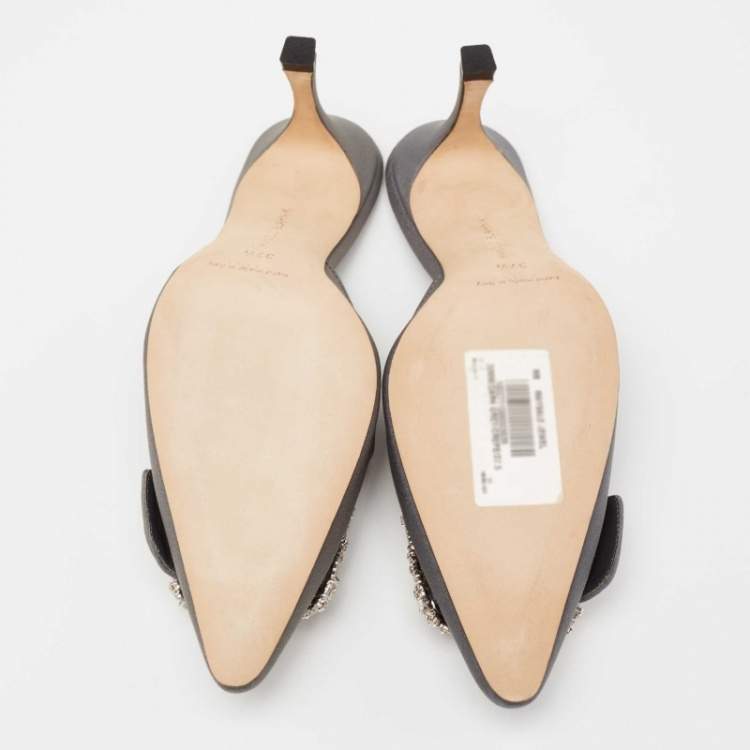 Pre Owned Manolo Blahnik Dark Grey Fabric Maysale Embellished Buckle Mules Size 37.5