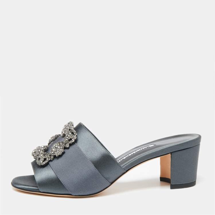 Pre Owned Manolo Blahnik Slate Grey Satin Embellished Martanew Slide Sandals Size 37.5